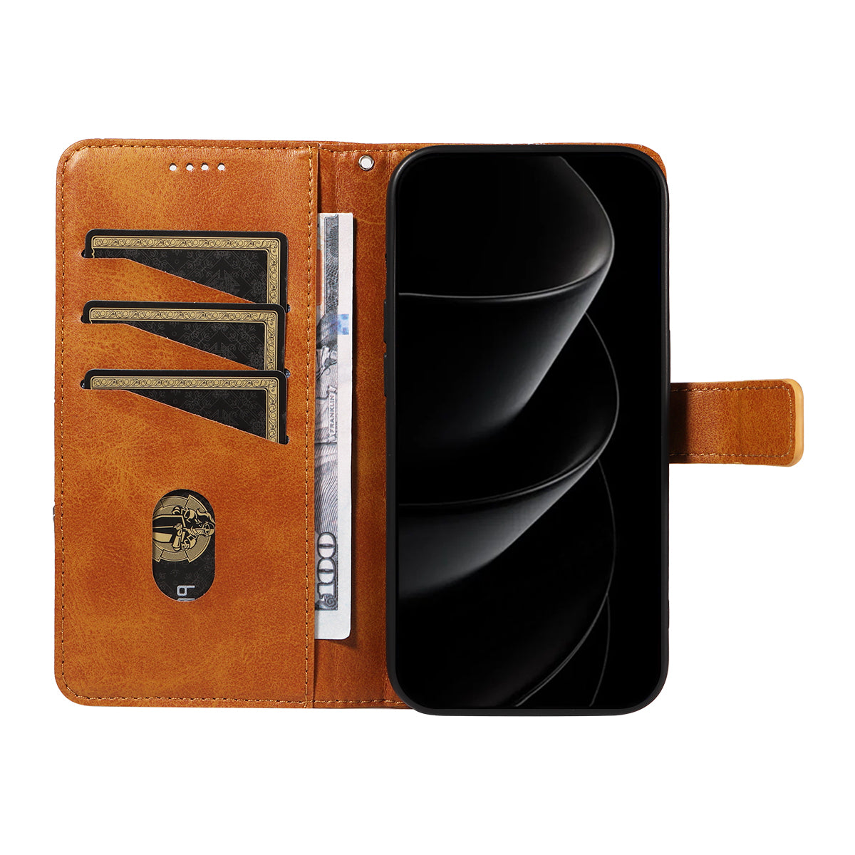 For iPhone 17 Pro Max Leather Case Geometric Line Design Wallet Phone Cover with Wrist Strap - Brown