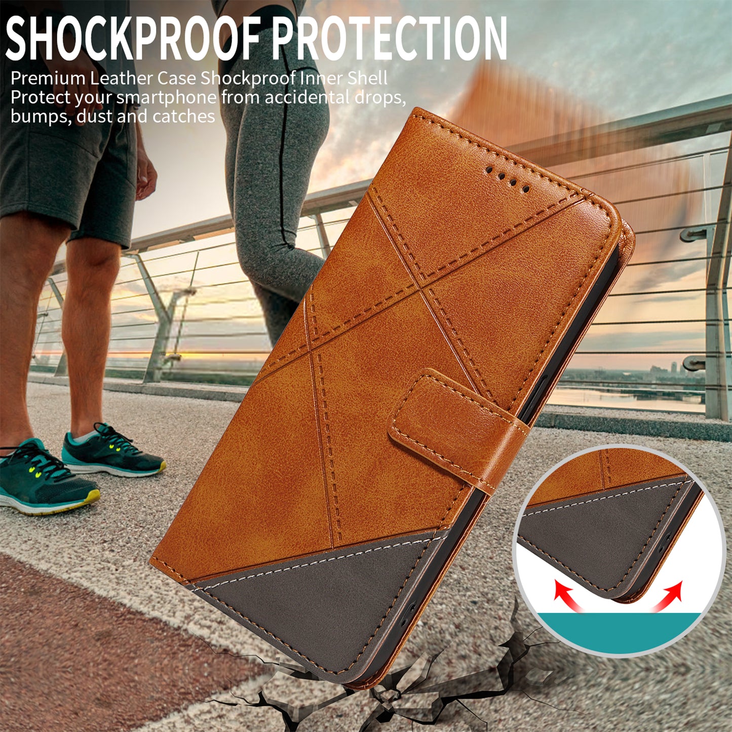 For iPhone 17 Pro Max Leather Case Geometric Line Design Wallet Phone Cover with Wrist Strap - Brown