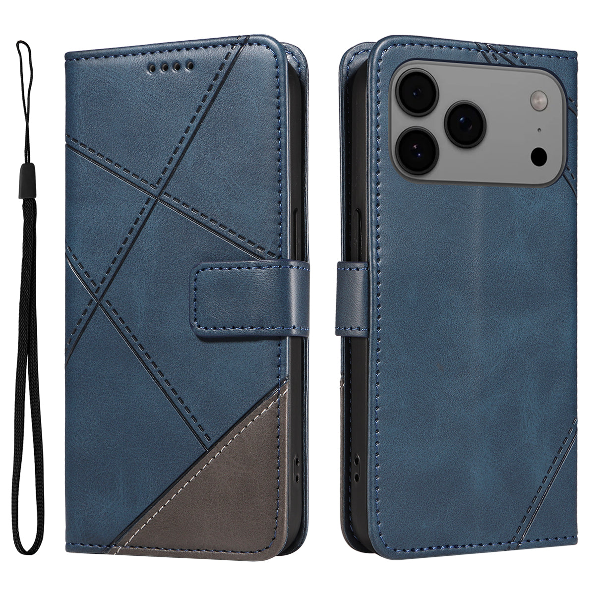 For iPhone 17 Pro Max Leather Case Geometric Line Design Wallet Phone Cover with Wrist Strap - Blue