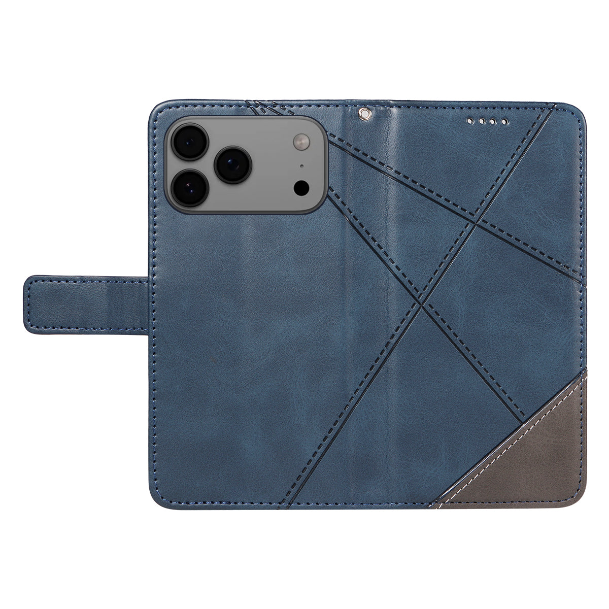 For iPhone 17 Pro Max Leather Case Geometric Line Design Wallet Phone Cover with Wrist Strap - Blue