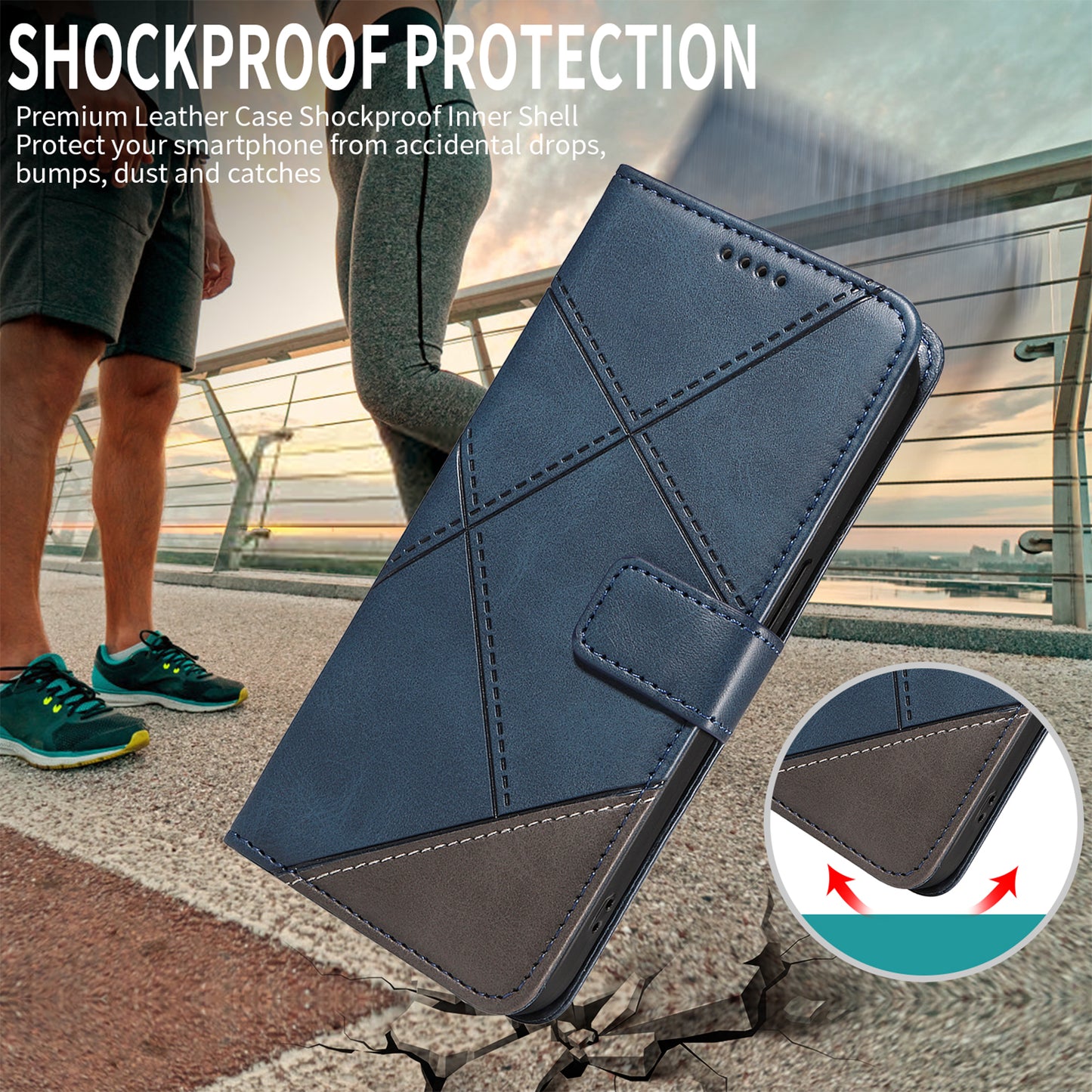 For iPhone 17 Pro Max Leather Case Geometric Line Design Wallet Phone Cover with Wrist Strap - Blue