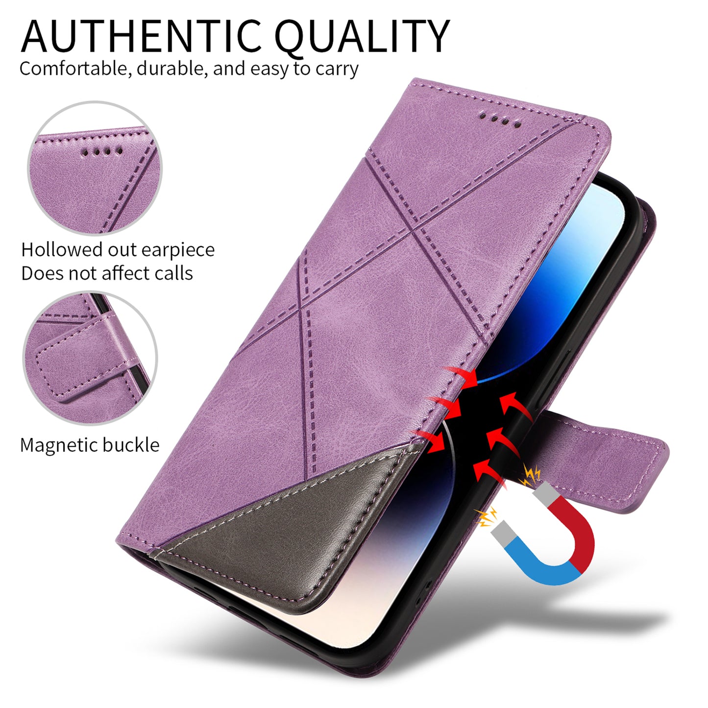 For iPhone 17 Pro Max Leather Case Geometric Line Design Wallet Phone Cover with Wrist Strap - Purple