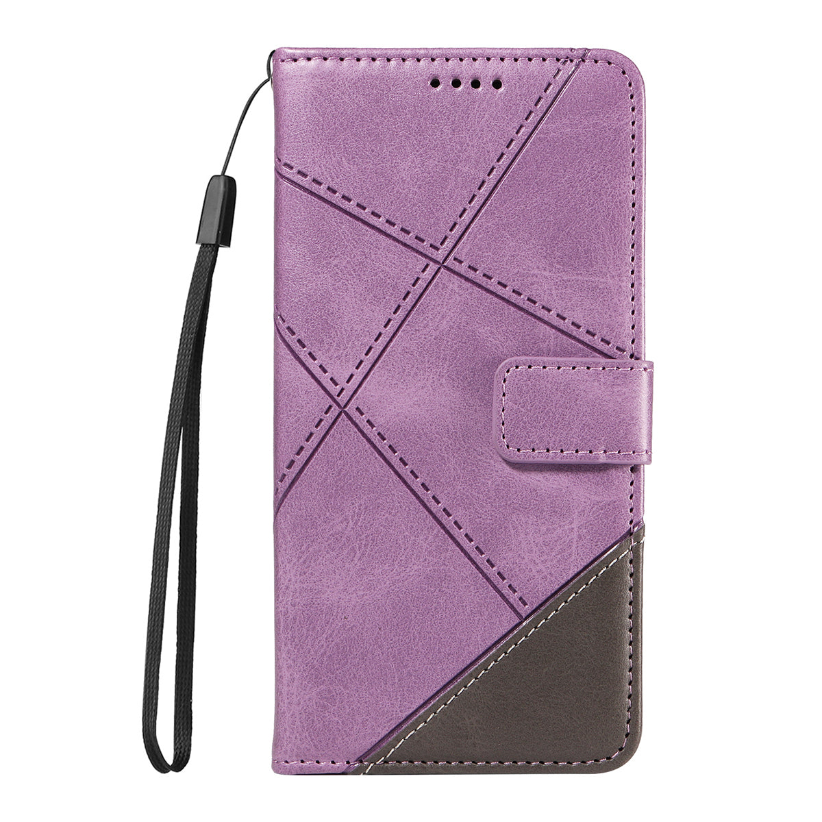 For iPhone 17 Pro Max Leather Case Geometric Line Design Wallet Phone Cover with Wrist Strap - Purple