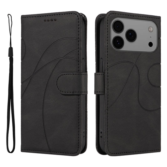 For iPhone 17 Pro Max Wallet Case Leather Phone Cover Stand with Curved Line Design -  Black