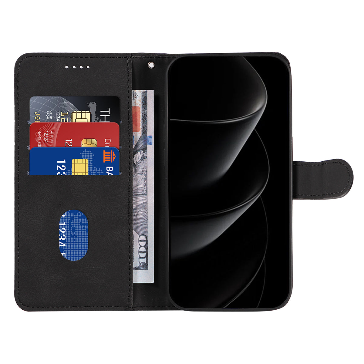 For iPhone 17 Pro Max Wallet Case Leather Phone Cover Stand with Curved Line Design -  Black