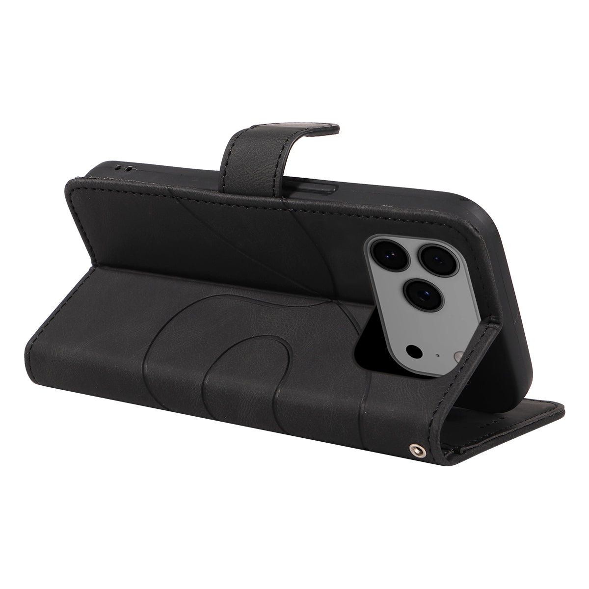 For iPhone 17 Pro Max Wallet Case Leather Phone Cover Stand with Curved Line Design -  Black