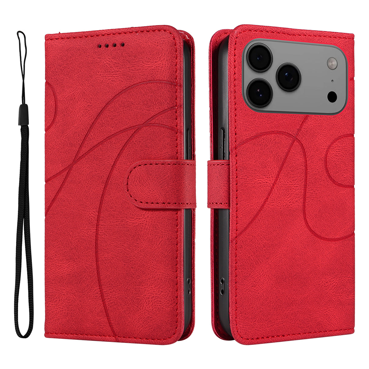 For iPhone 17 Pro Max Wallet Case Leather Phone Cover Stand with Curved Line Design - Red