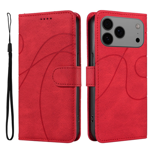 For iPhone 17 Pro Max Wallet Case Leather Phone Cover Stand with Curved Line Design - Red