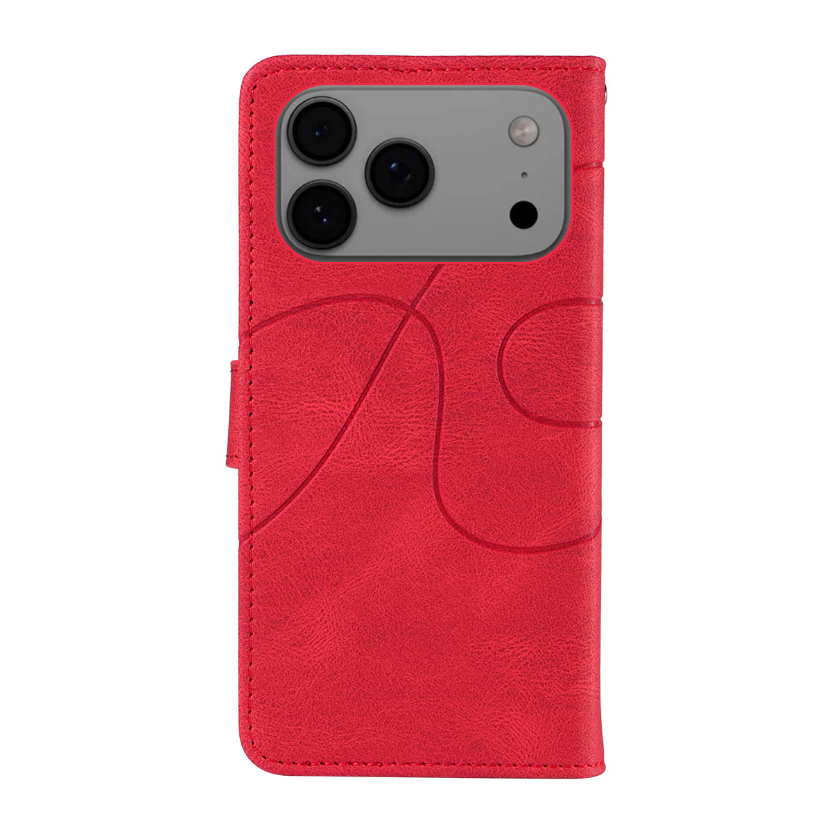 For iPhone 17 Pro Max Wallet Case Leather Phone Cover Stand with Curved Line Design - Red