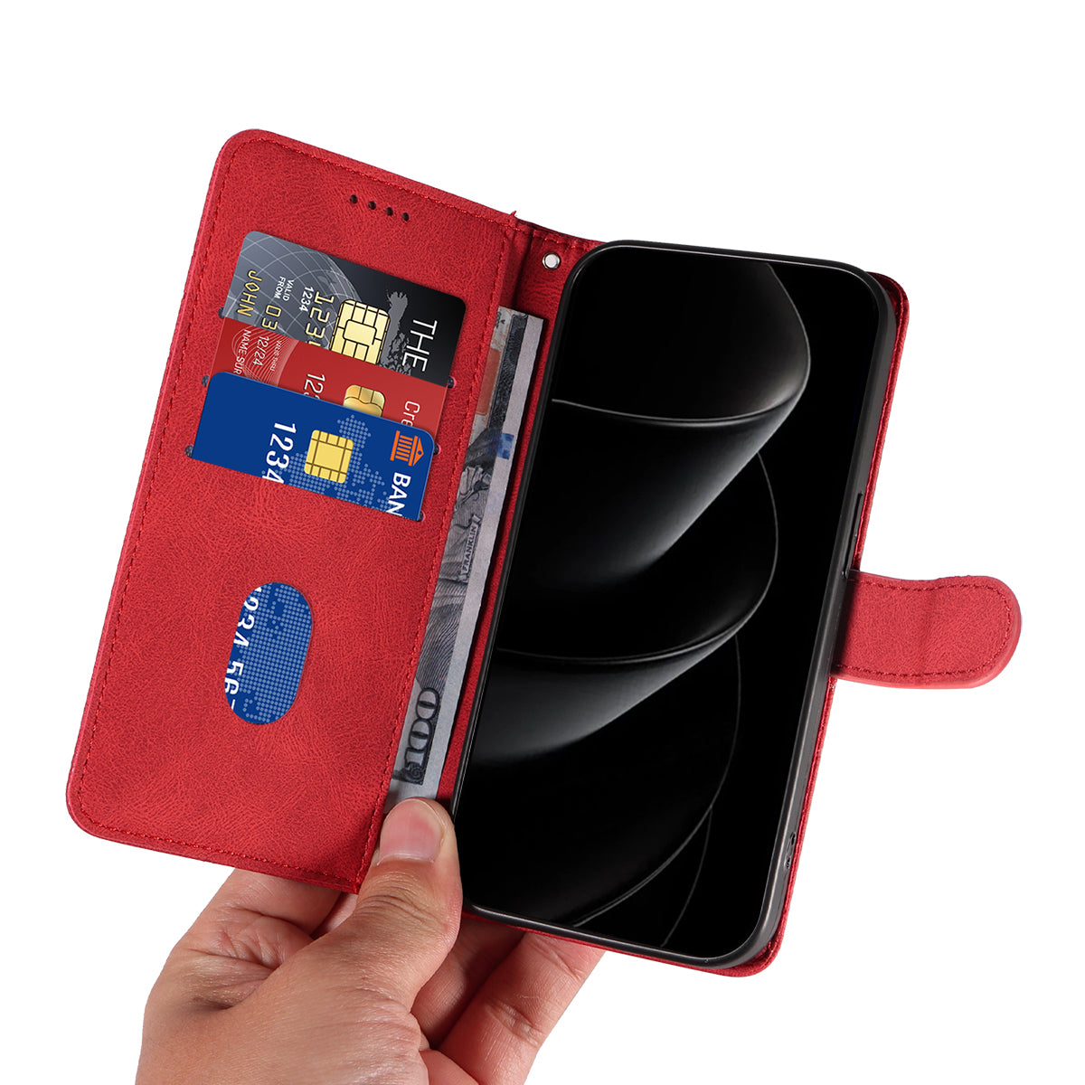For iPhone 17 Pro Max Wallet Case Leather Phone Cover Stand with Curved Line Design - Red
