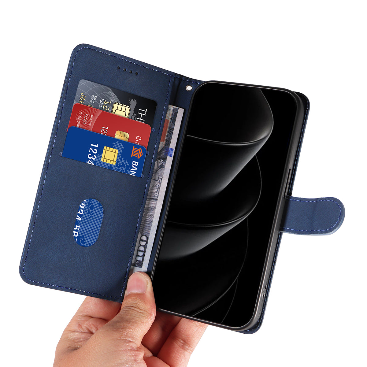 For iPhone 17 Pro Max Wallet Case Leather Phone Cover Stand with Curved Line Design - Blue