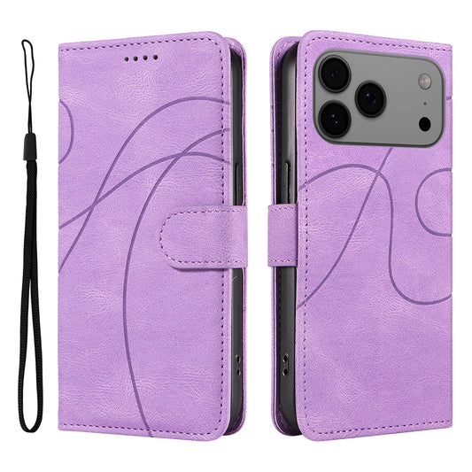 For iPhone 17 Pro Max Wallet Case Leather Phone Cover Stand with Curved Line Design -  Light Purple