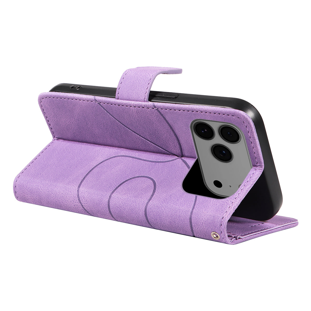 For iPhone 17 Pro Max Wallet Case Leather Phone Cover Stand with Curved Line Design -  Light Purple