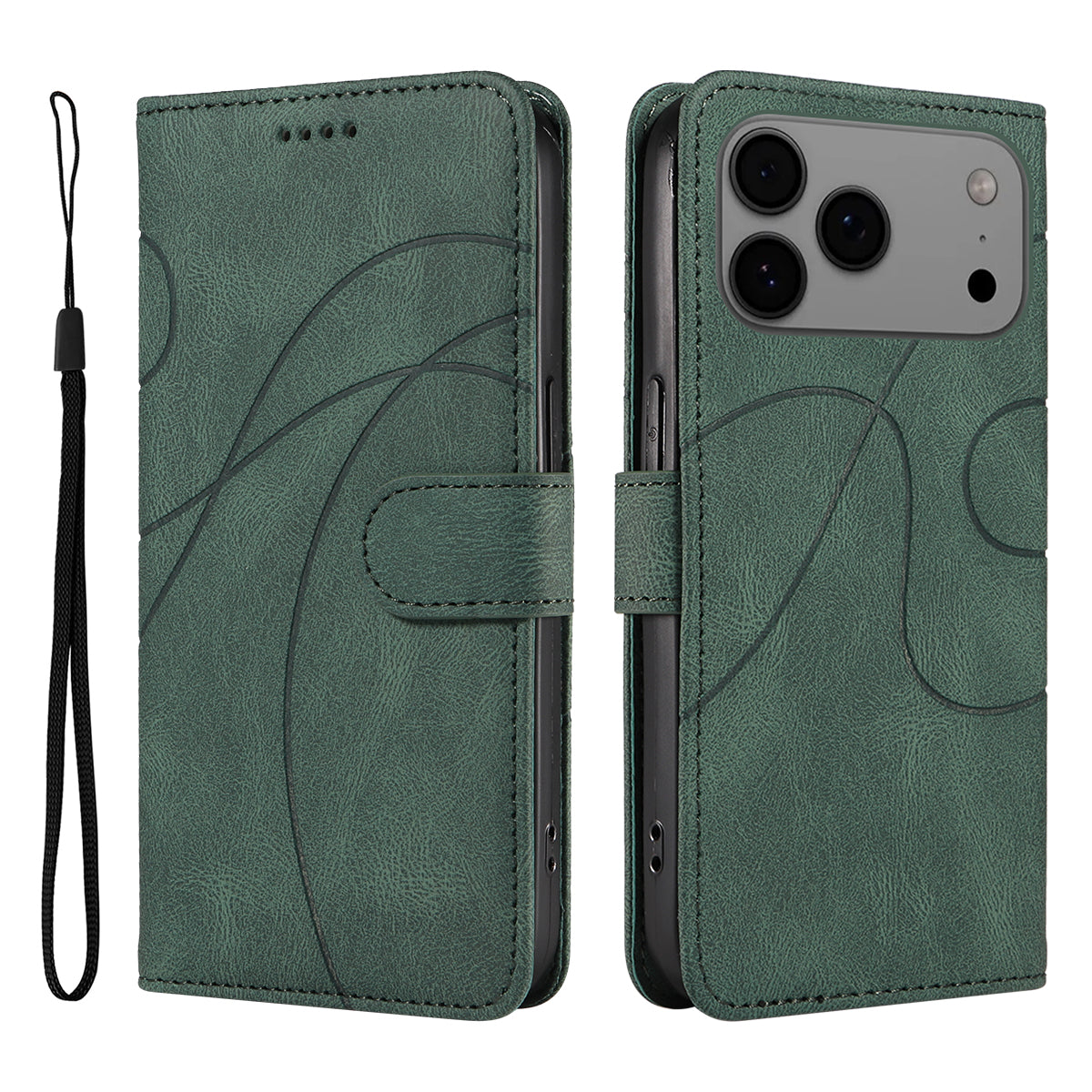 For iPhone 17 Pro Max Wallet Case Leather Phone Cover Stand with Curved Line Design - Green