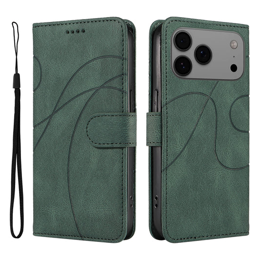 For iPhone 17 Pro Max Wallet Case Leather Phone Cover Stand with Curved Line Design - Green