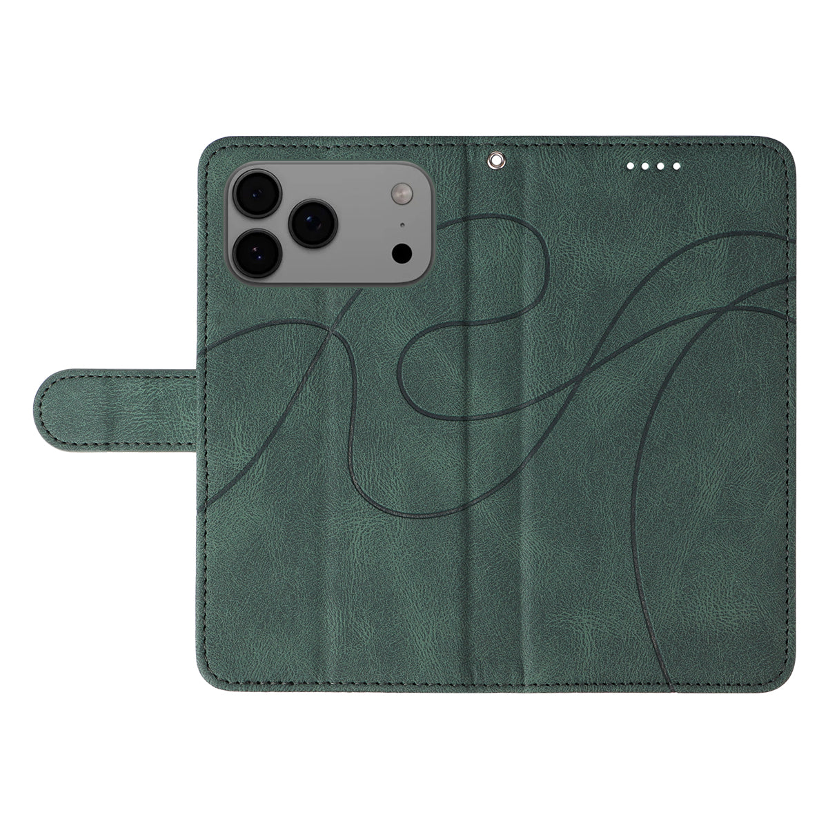 For iPhone 17 Pro Max Wallet Case Leather Phone Cover Stand with Curved Line Design - Green