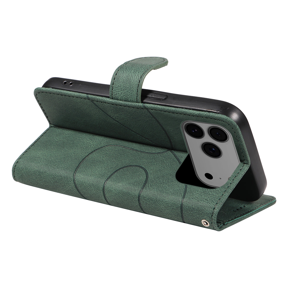 For iPhone 17 Pro Max Wallet Case Leather Phone Cover Stand with Curved Line Design - Green