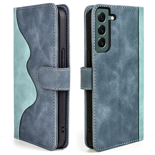 For Samsung Galaxy S23+ Color Splicing PU Leather Phone Case Folio Flip Full Protection Cover with Stand Wallet - Blue