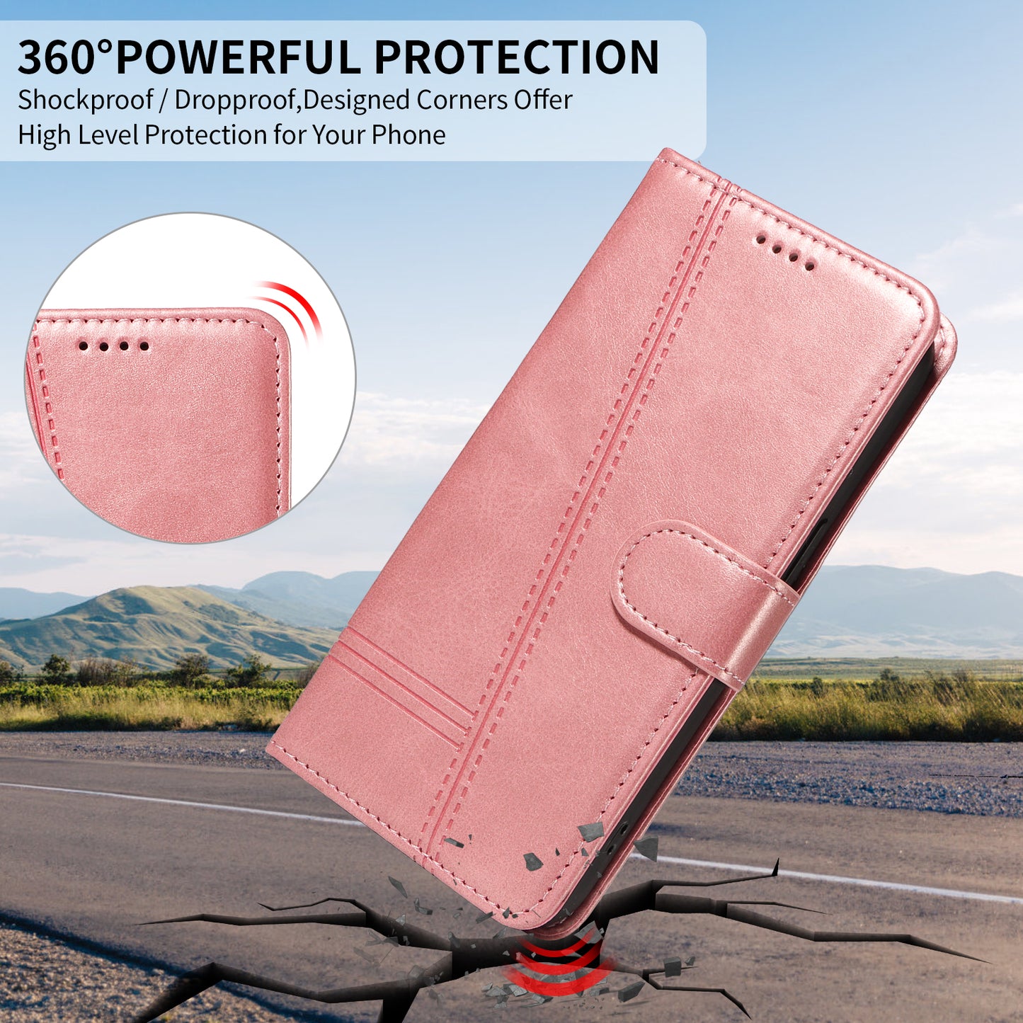 For iPhone 17 Pro Max Wallet Case T-Shape Lines Leather Phone Cover Stand - Rose Gold