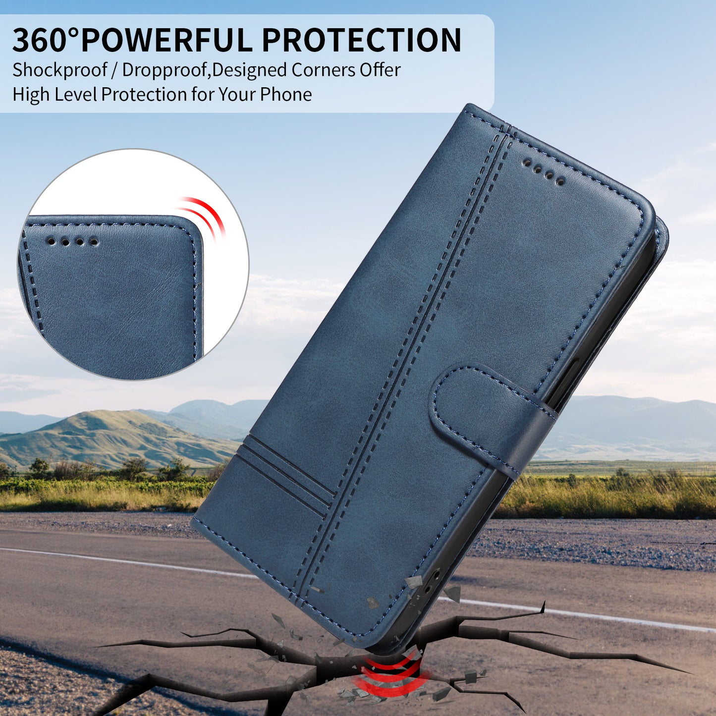 For iPhone 17 Pro Max Wallet Case T-Shape Lines Leather Phone Cover Stand - Blue