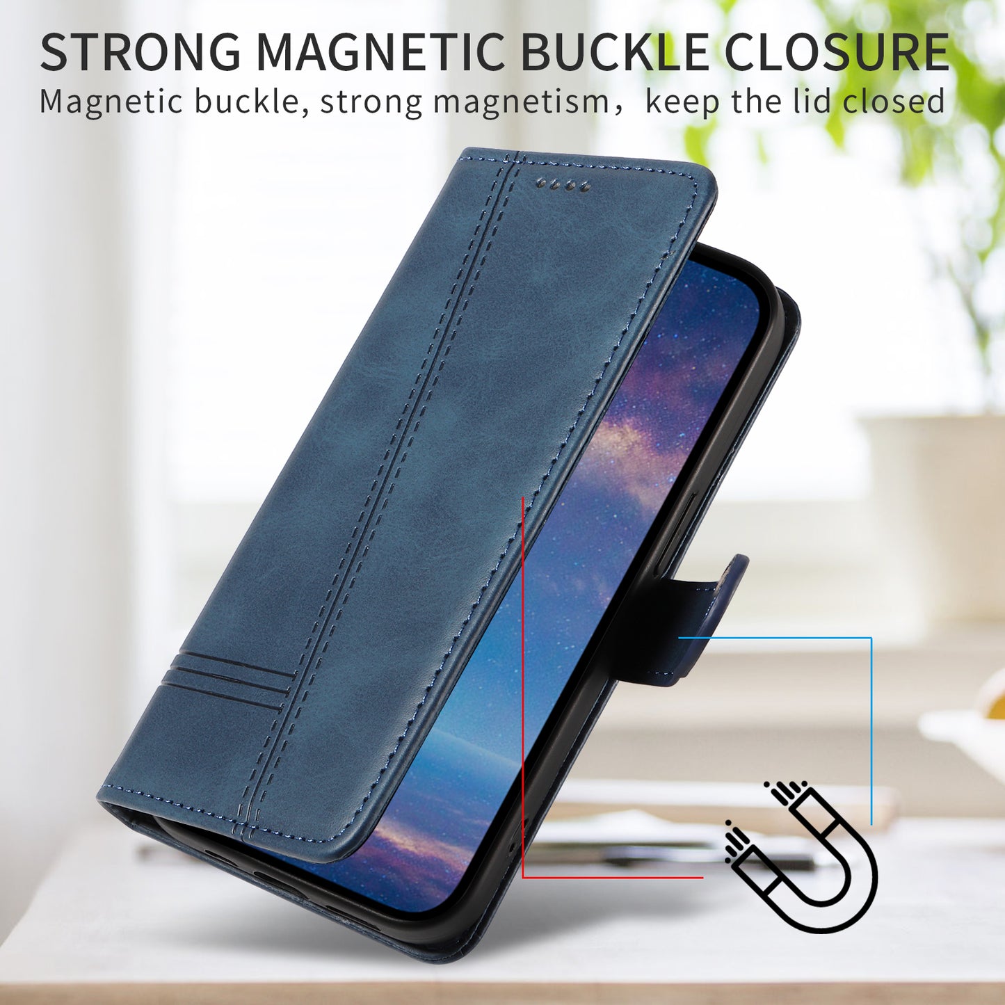 For iPhone 17 Pro Max Wallet Case T-Shape Lines Leather Phone Cover Stand - Blue