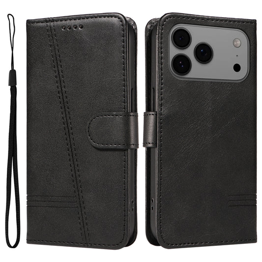 For iPhone 17 Pro Max Wallet Case T-Shape Lines Leather Phone Cover Stand -  Black
