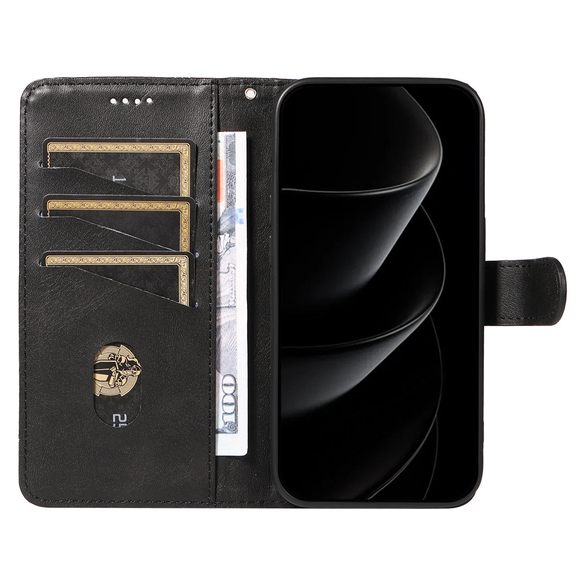 For iPhone 17 Pro Max Wallet Case T-Shape Lines Leather Phone Cover Stand -  Black