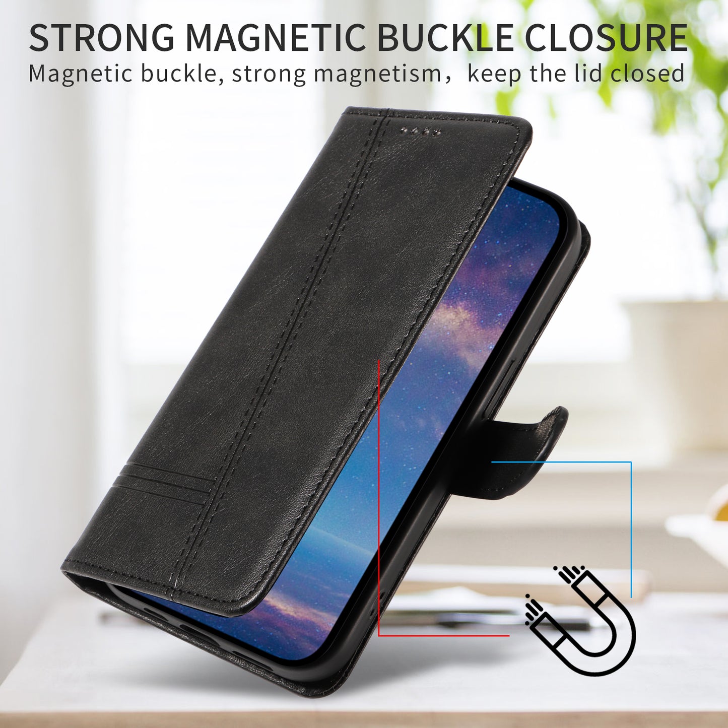 For iPhone 17 Pro Max Wallet Case T-Shape Lines Leather Phone Cover Stand -  Black