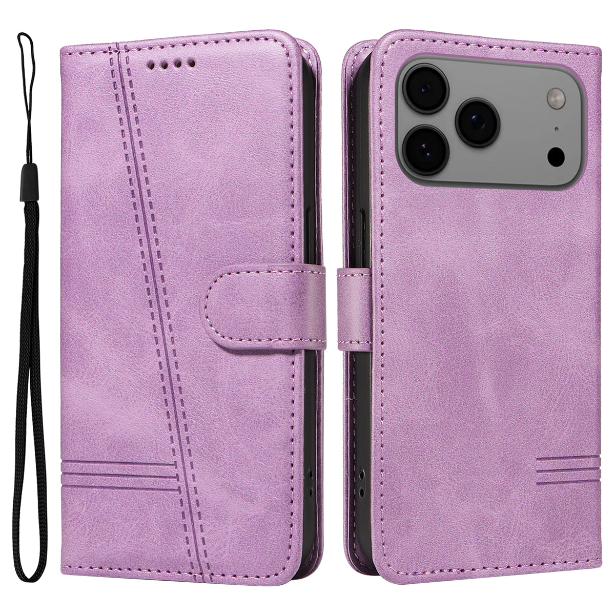 For iPhone 17 Pro Max Wallet Case T-Shape Lines Leather Phone Cover Stand -  Light Purple