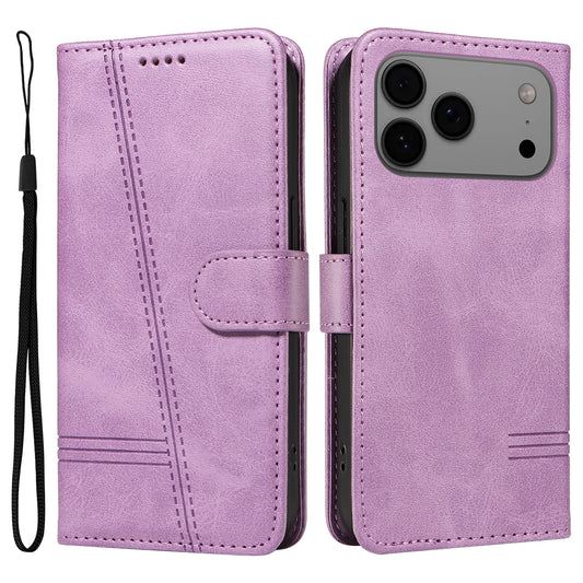 For iPhone 17 Pro Max Wallet Case T-Shape Lines Leather Phone Cover Stand -  Light Purple