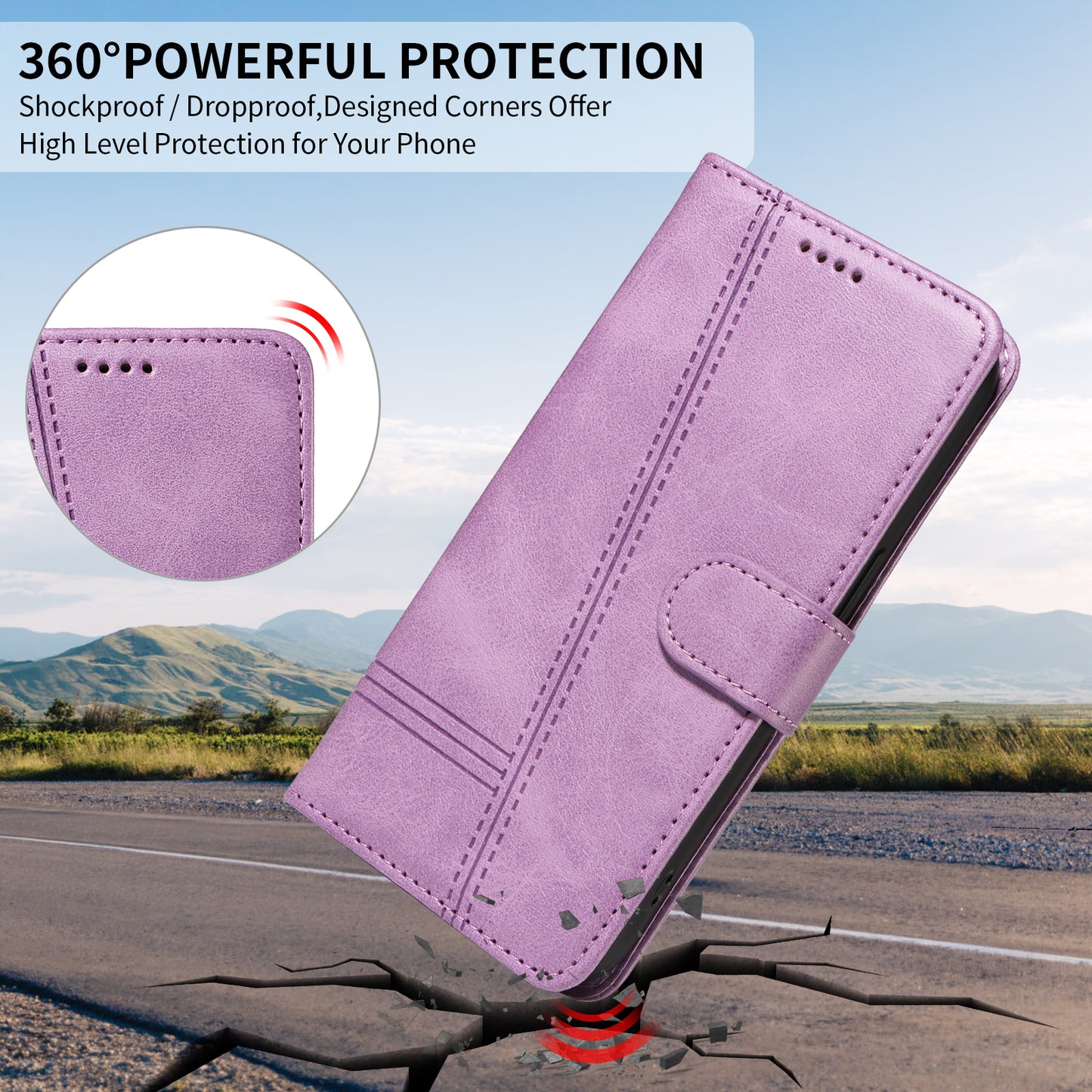 For iPhone 17 Pro Max Wallet Case T-Shape Lines Leather Phone Cover Stand -  Light Purple