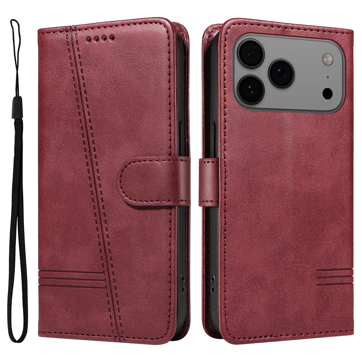 For iPhone 17 Pro Max Wallet Case T-Shape Lines Leather Phone Cover Stand - Wine Red