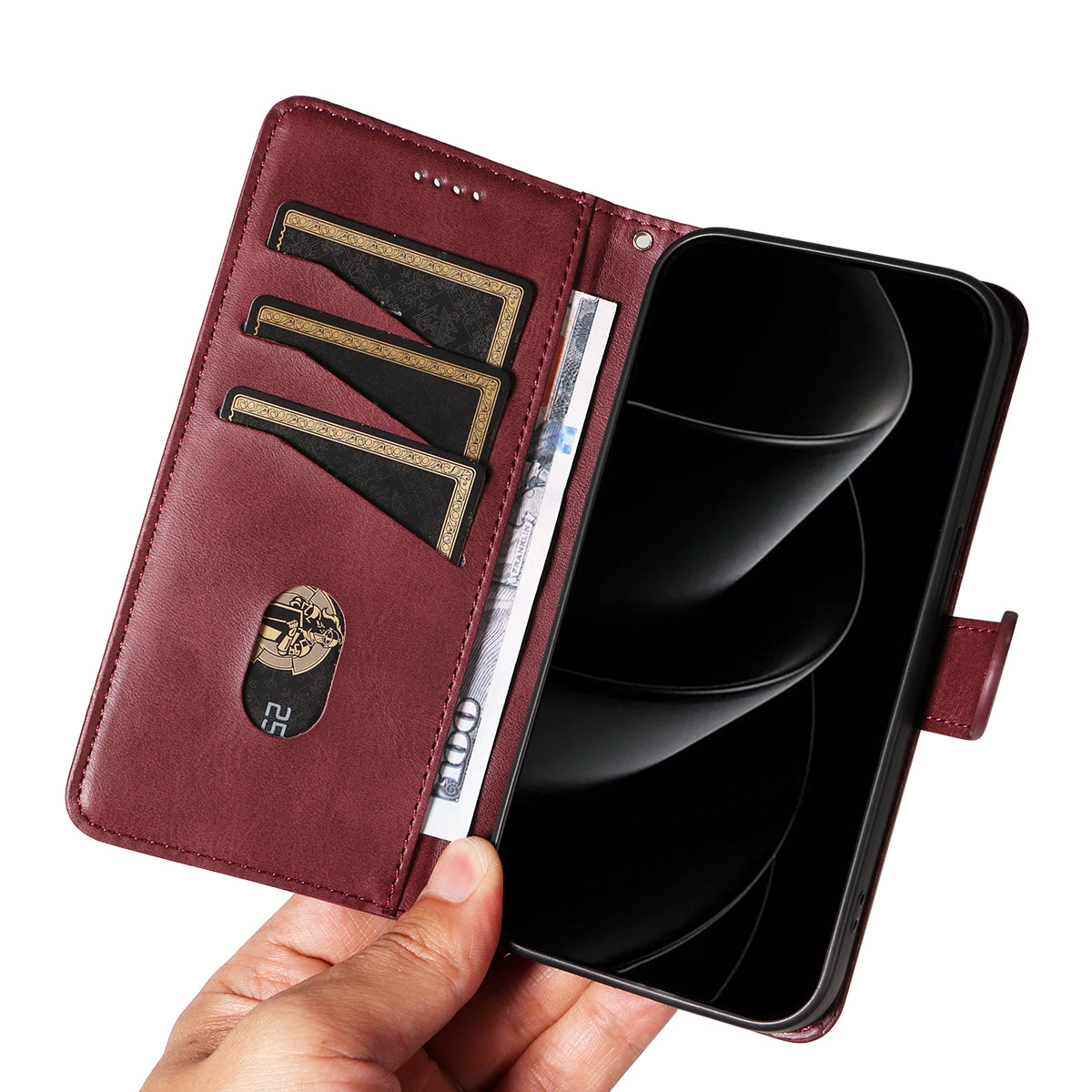 For iPhone 17 Pro Max Wallet Case T-Shape Lines Leather Phone Cover Stand - Wine Red