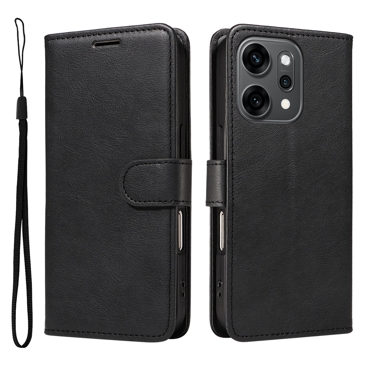For Oppo Reno14 Pro 5G (China) / Oppo Reno14 Pro 5G (Global) Leather Wallet Case with Strap Solid Color Phone Stand Cover - Black