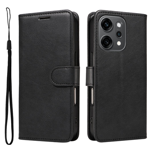 For Oppo Reno14 Pro 5G (China) / Oppo Reno14 Pro 5G (Global) Leather Wallet Case with Strap Solid Color Phone Stand Cover - Black