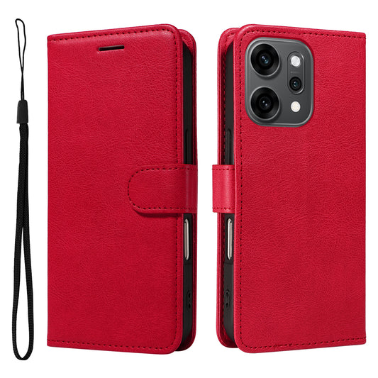 For Oppo Reno14 Pro 5G (China) / Oppo Reno14 Pro 5G (Global) Leather Wallet Case with Strap Solid Color Phone Stand Cover - Red