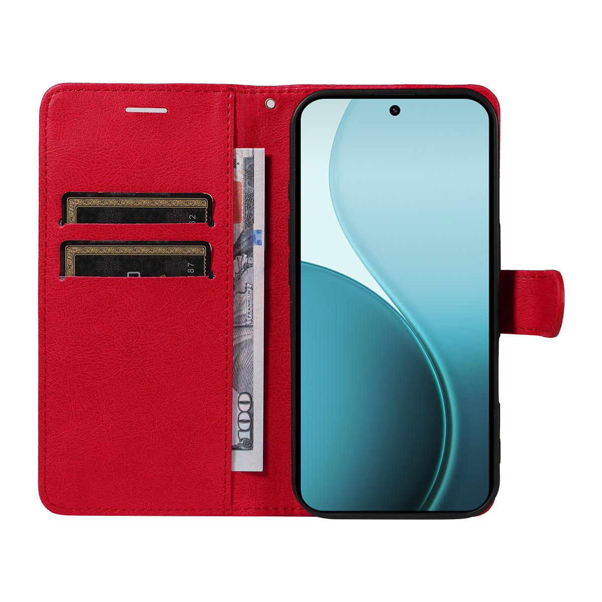 For Oppo Reno14 Pro 5G (China) / Oppo Reno14 Pro 5G (Global) Leather Wallet Case with Strap Solid Color Phone Stand Cover - Red