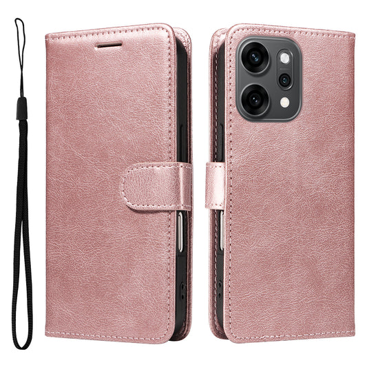 For Oppo Reno14 Pro 5G (China) / Oppo Reno14 Pro 5G (Global) Leather Wallet Case with Strap Solid Color Phone Stand Cover - Rose Gold