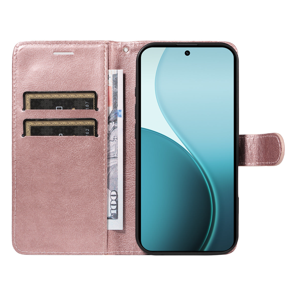For Oppo Reno14 Pro 5G (China) / Oppo Reno14 Pro 5G (Global) Leather Wallet Case with Strap Solid Color Phone Stand Cover - Rose Gold