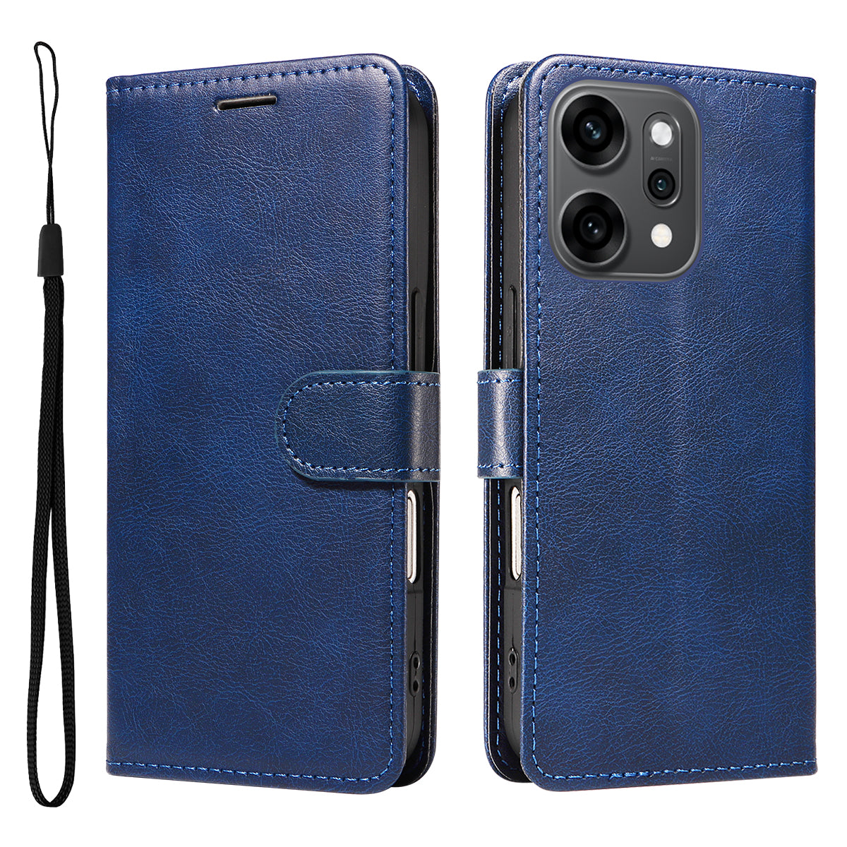 For Oppo Reno14 Pro 5G (China) / Oppo Reno14 Pro 5G (Global) Leather Wallet Case with Strap Solid Color Phone Stand Cover - Blue