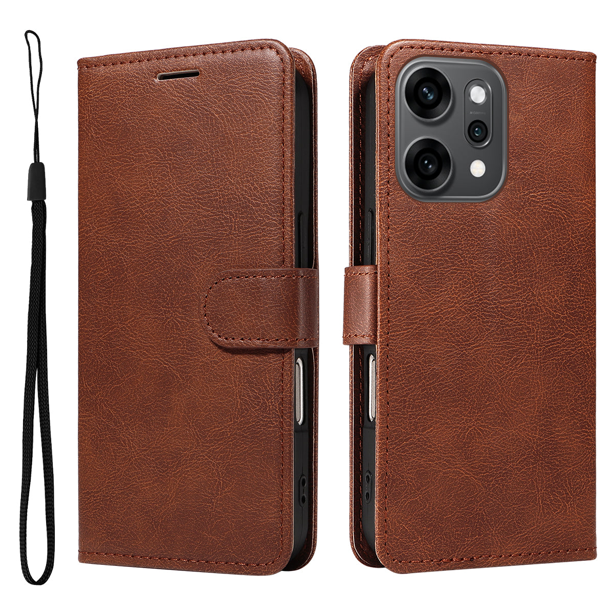 For Oppo Reno14 Pro 5G (China) / Oppo Reno14 Pro 5G (Global) Leather Wallet Case with Strap Solid Color Phone Stand Cover - Brown