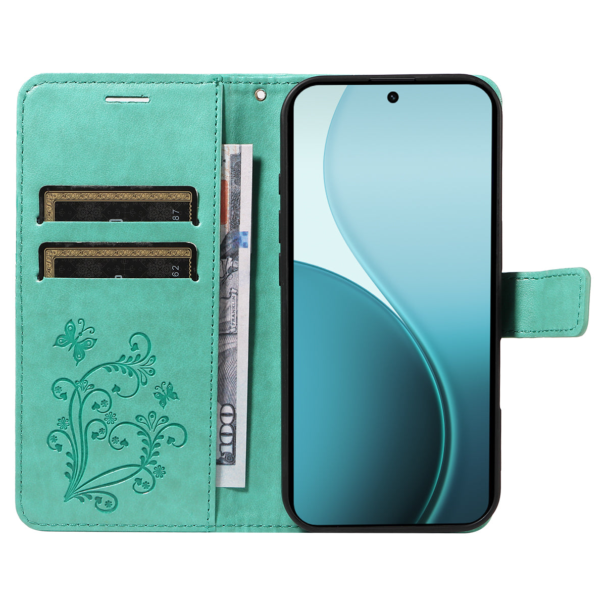 For Oppo Reno14 Pro 5G (China) / Oppo Reno14 Pro 5G (Global) Wallet Case Floral Butterfly Imprinted Leather Phone Cover Stand -  Green