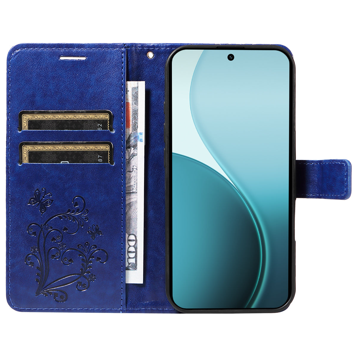 For Oppo Reno14 Pro 5G (China) / Oppo Reno14 Pro 5G (Global) Wallet Case Floral Butterfly Imprinted Leather Phone Cover Stand - Blue