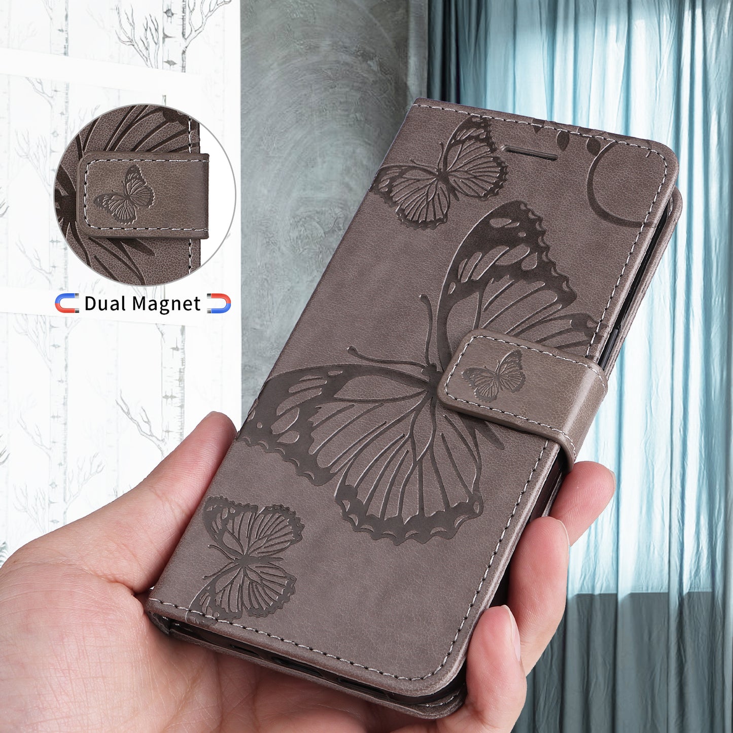 For Oppo Reno14 Pro 5G (China) / Oppo Reno14 Pro 5G (Global) Wallet Case Floral Butterfly Imprinted Leather Phone Cover Stand - Grey