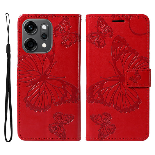 For Oppo Reno14 Pro 5G (China) / Oppo Reno14 Pro 5G (Global) Wallet Case Floral Butterfly Imprinted Leather Phone Cover Stand - Red