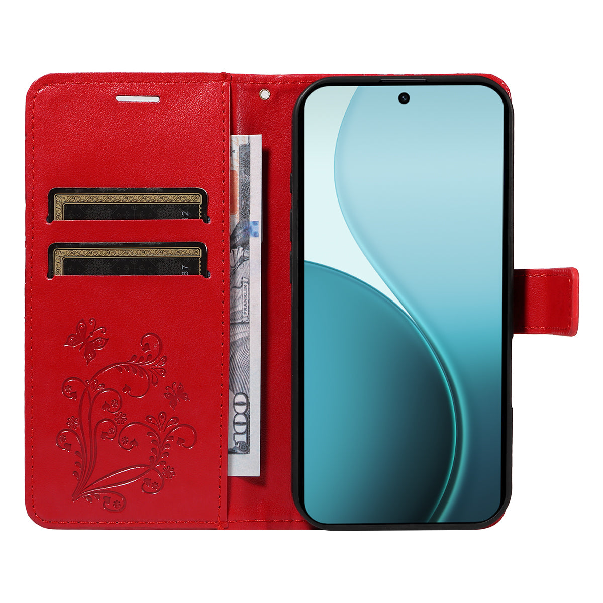 For Oppo Reno14 Pro 5G (China) / Oppo Reno14 Pro 5G (Global) Wallet Case Floral Butterfly Imprinted Leather Phone Cover Stand - Red