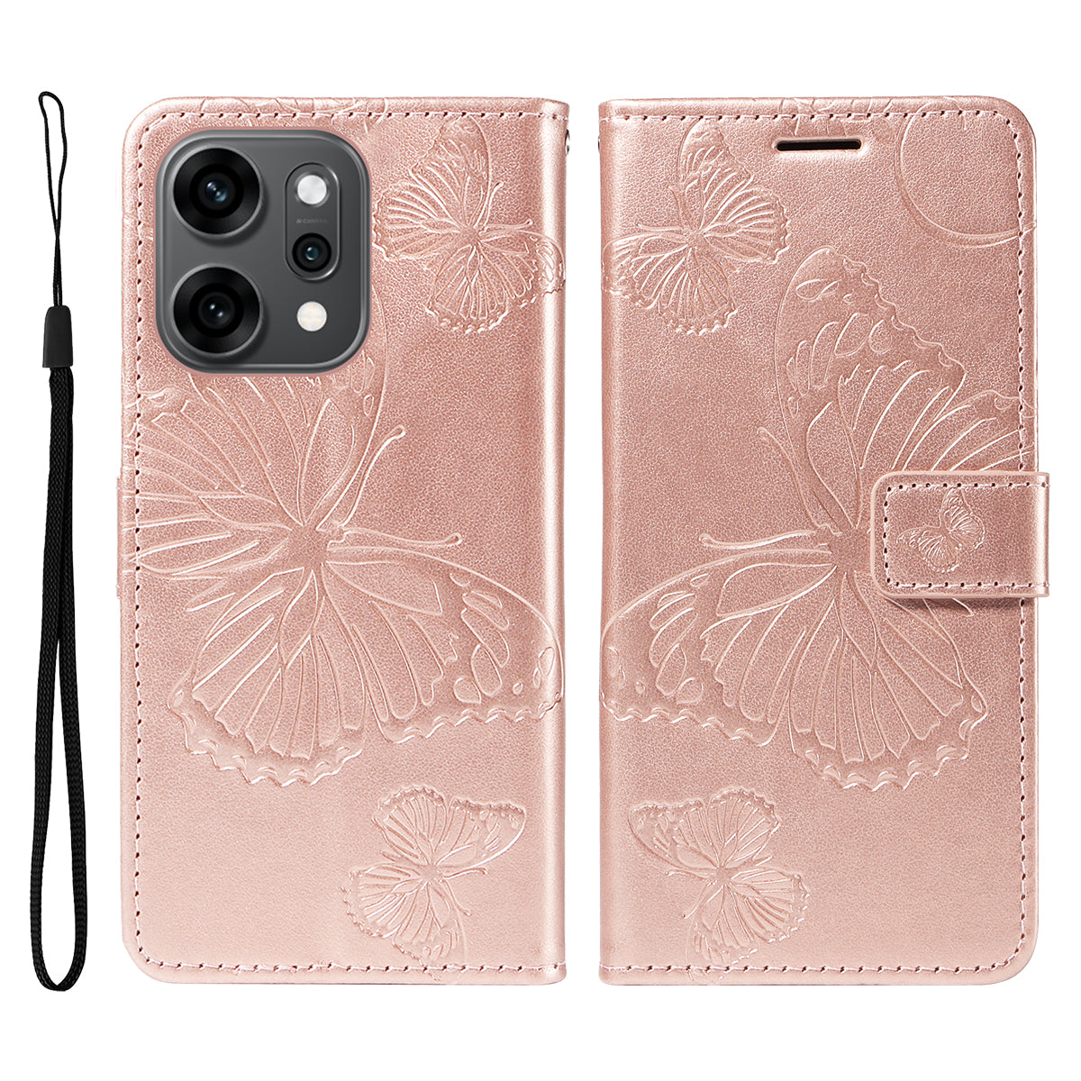 For Oppo Reno14 Pro 5G (China) / Oppo Reno14 Pro 5G (Global) Wallet Case Floral Butterfly Imprinted Leather Phone Cover Stand -  Rose Gold