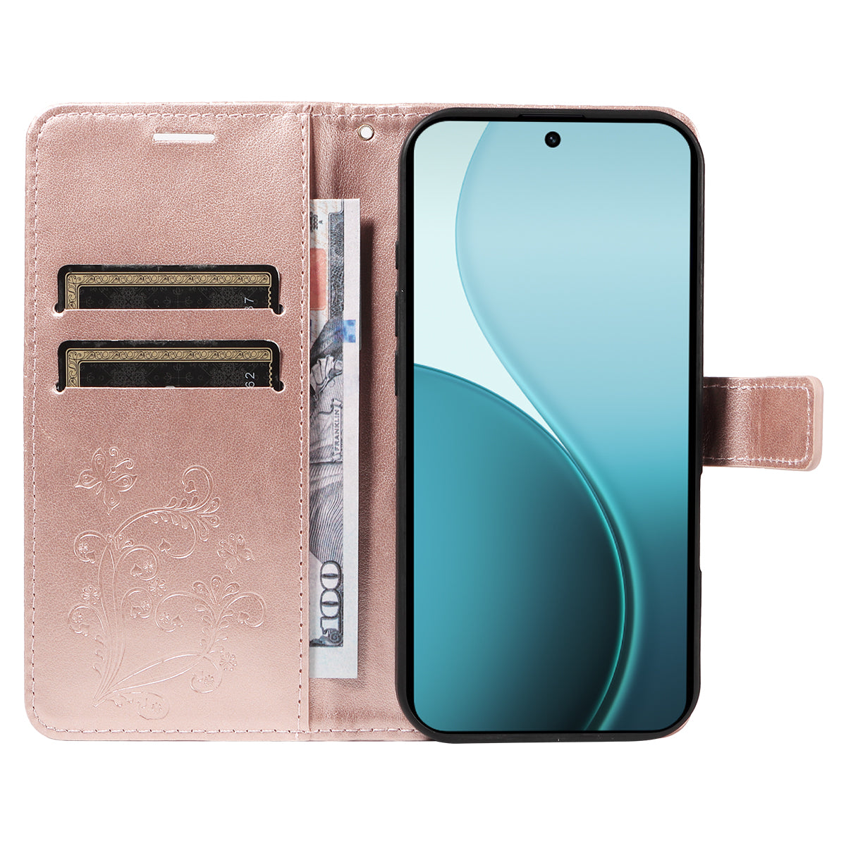 For Oppo Reno14 Pro 5G (China) / Oppo Reno14 Pro 5G (Global) Wallet Case Floral Butterfly Imprinted Leather Phone Cover Stand -  Rose Gold