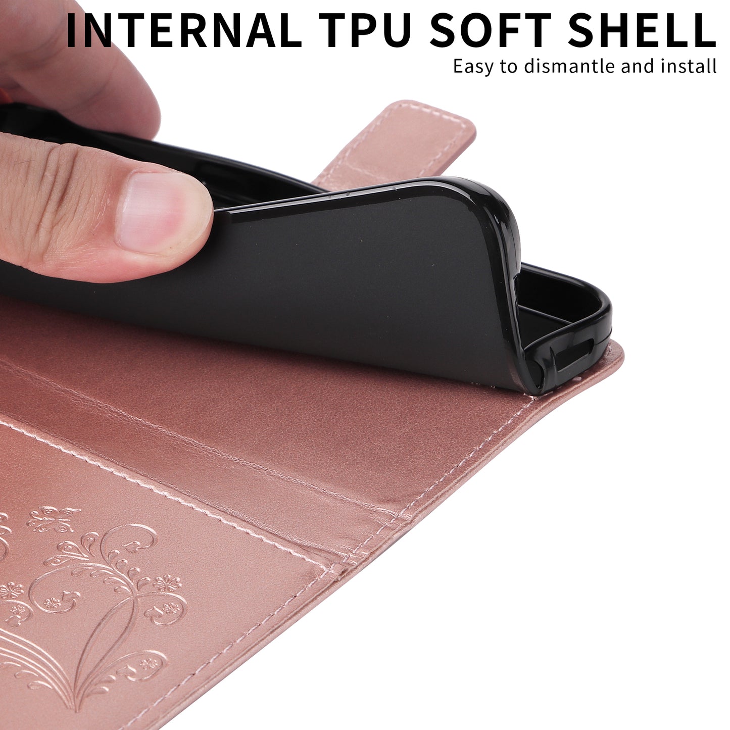 For Oppo Reno14 Pro 5G (China) / Oppo Reno14 Pro 5G (Global) Wallet Case Floral Butterfly Imprinted Leather Phone Cover Stand -  Rose Gold