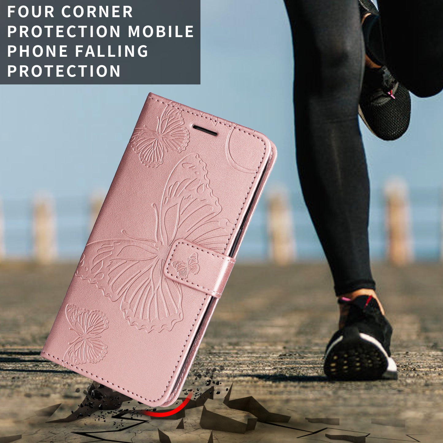 For Oppo Reno14 Pro 5G (China) / Oppo Reno14 Pro 5G (Global) Wallet Case Floral Butterfly Imprinted Leather Phone Cover Stand -  Rose Gold